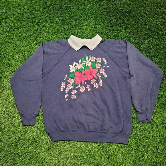 Vintage 80s Grandmacore Floral Collard Sweatshirt Womens Medium Boyfriend Fit - Picture 1 of 11
